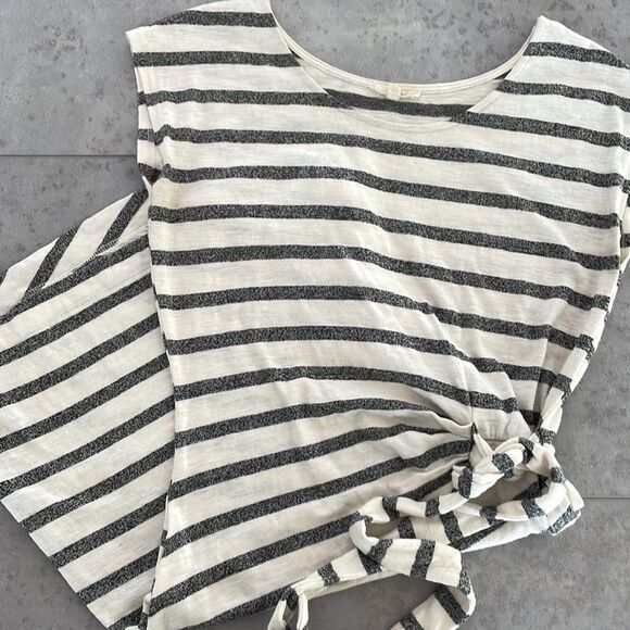 MYSTREE cap sleeve knee length cinch tie waist cream and gray stripes dress S - Picture 4 of 9